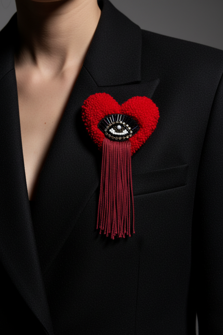 Red Heart Evil Eye Brooch on Moody Outfit