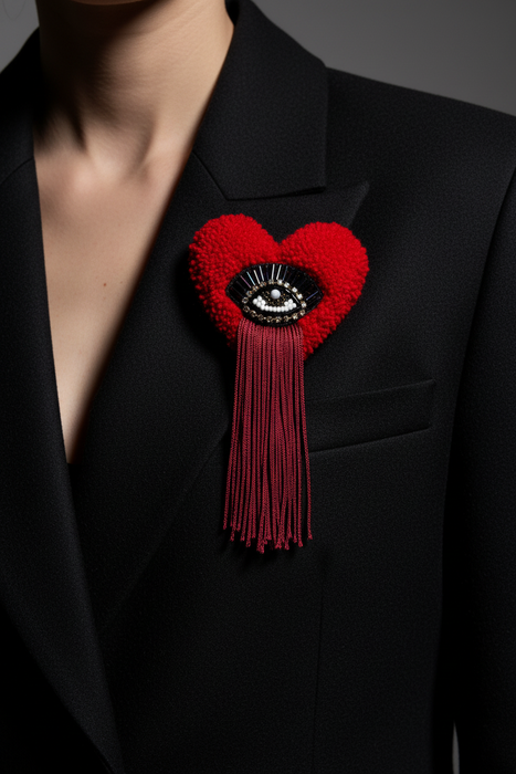 Red Heart Evil Eye Brooch on Moody Outfit