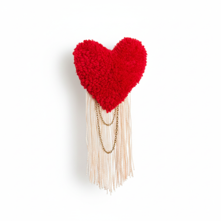 Red Tufted Heart Brooch with Cream Fringe and Gold Chain