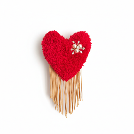 Red Tufted Heart Brooch with Gold Fringe