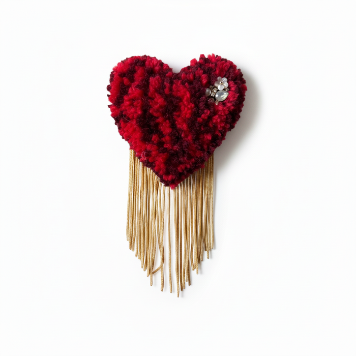 Red tufted heart brooch with realistic lighting