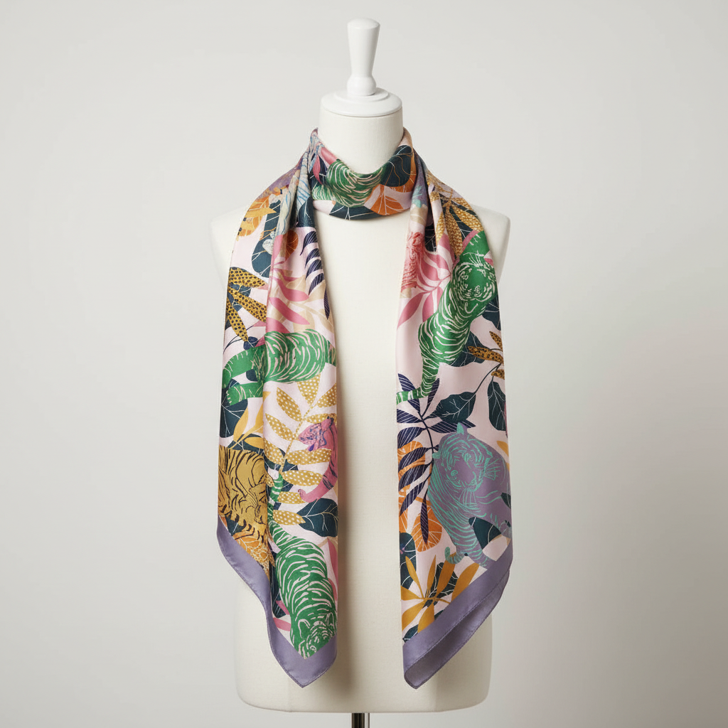 Tigress Silk Scarf on Mannequin - Clean Product Photo