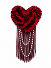 Handmade tufted brooch in two-tone crimson and burgundy with deep wine fringe and draped pearl chain embellishment
