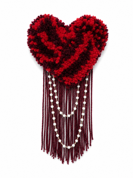 Handmade tufted brooch in two-tone crimson and burgundy with deep wine fringe and draped pearl chain embellishment
