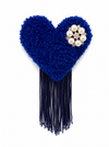 Handmade tufted brooch in cobalt blue with navy fringe and pearl crystal embellishment