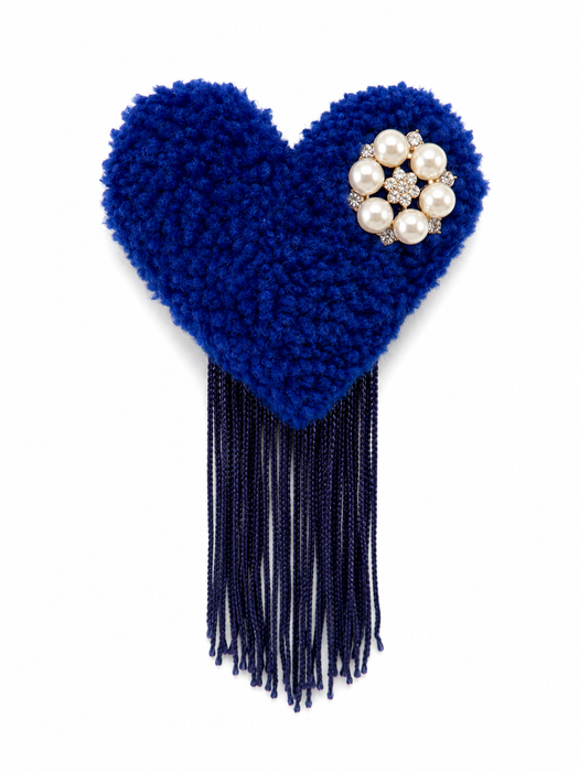 Handmade tufted brooch in cobalt blue with navy fringe and pearl crystal embellishment