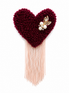 Handmade tufted brooch in deep amaranth burgundy with blush pink fringe and gold filigree leaf pearl cluster embellishment