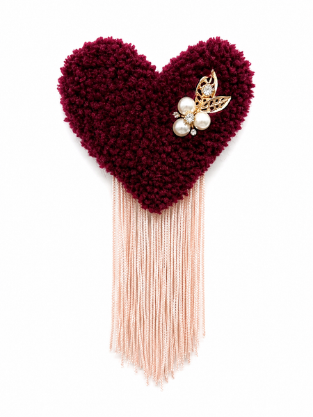 Handmade tufted brooch in deep amaranth burgundy with blush pink fringe and gold filigree leaf pearl cluster embellishment