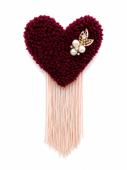 Handmade tufted brooch in deep amaranth burgundy with blush pink fringe and gold filigree leaf pearl cluster embellishment