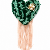 Handmade tufted brooch in two-tone forest and mint green with blush pink fringe and pearl crystal bee embellishment