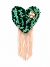 Handmade tufted brooch in two-tone forest and mint green with blush pink fringe and pearl crystal bee embellishment