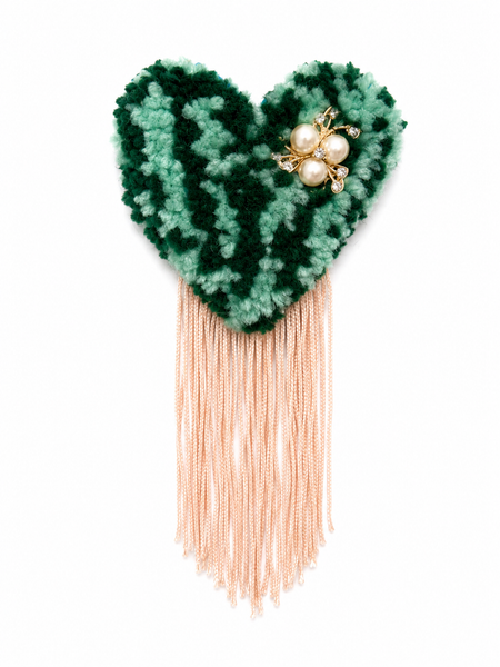 Handmade tufted brooch in two-tone forest and mint green with blush pink fringe and pearl crystal bee embellishment